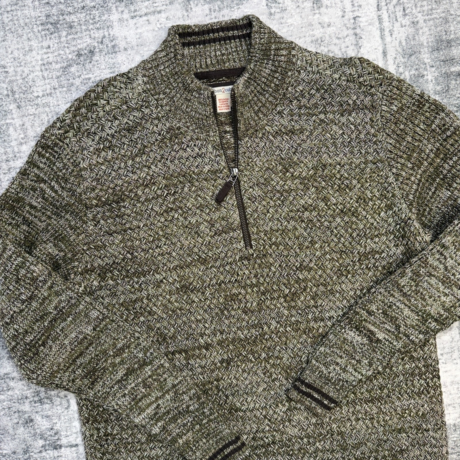 Carbon 2 Cobalt Sweater Mens Large Ivy Green 1/4 Zip Basketweave Knit Fisherman